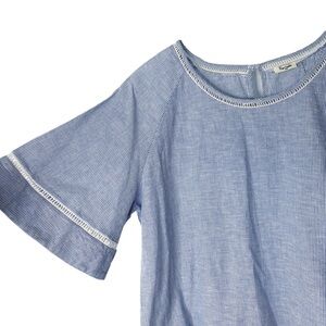 Splendid Linen Ladder Lace Crochet Fluted Bell Sleeve Blue White Striped Large